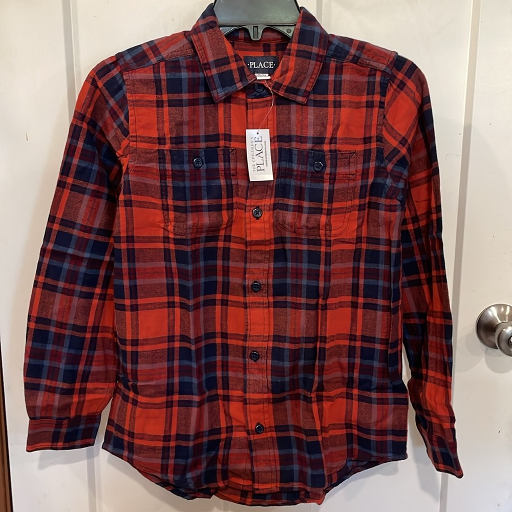 NEW The Children’s Place Boys Orange Plaid Button Up Shirt Thanksgiving Fall